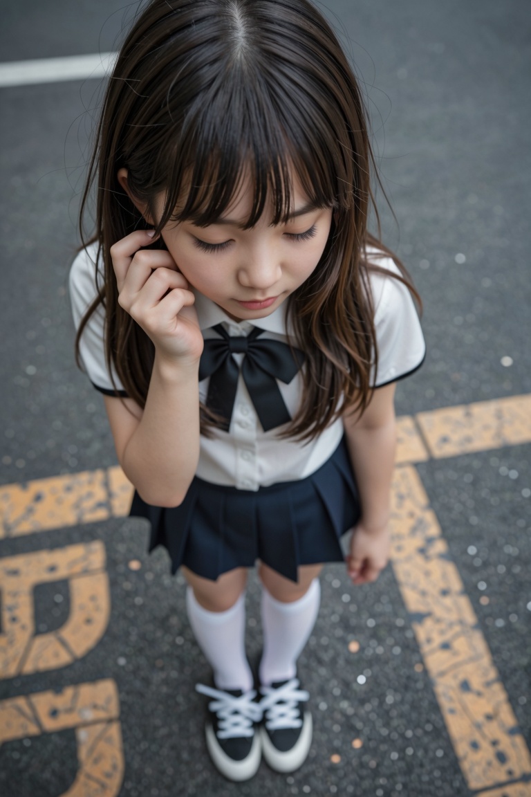 Photograph: A photorealistic,  high-angle,  extreme close-up shot looking down at a young girl standing on a city street....