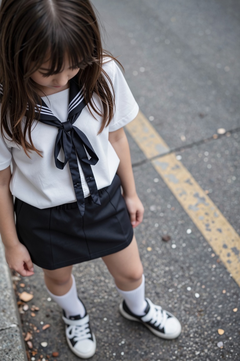 A photorealistic,  photograph High-angle,  extreme close-up shot looking down at a young girl standing on a city street fr...