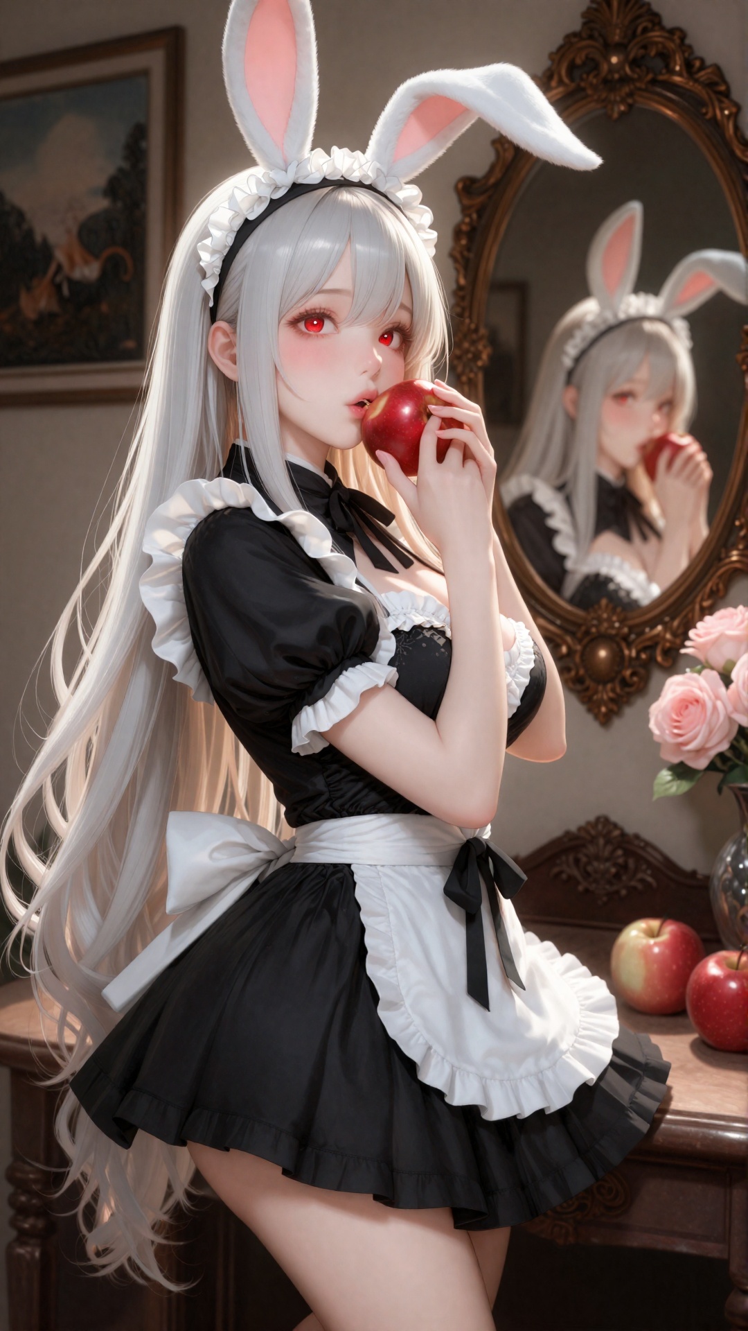 the image portrays a young woman with long,  flowing platinum blonde hair and striking red eyes,  she wears a black and wh...
