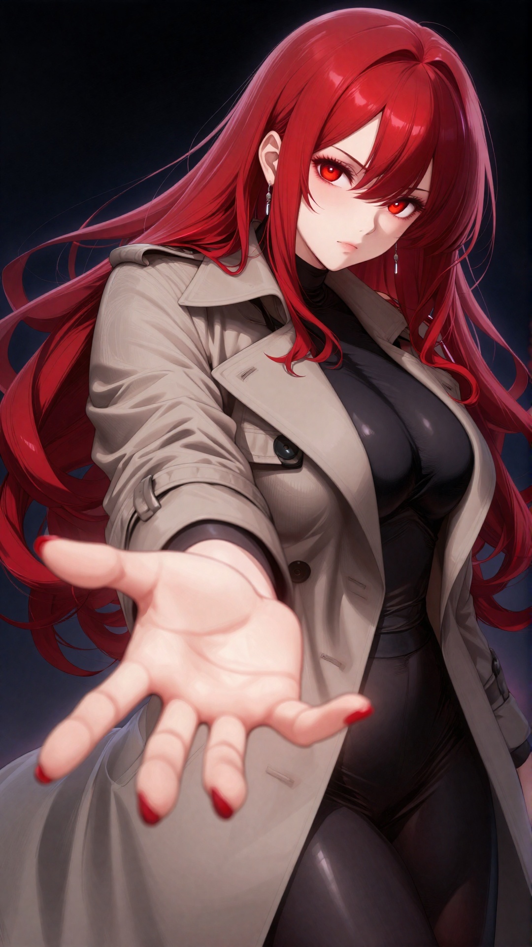 the image portrays a striking anime-style woman with long,  flowing red hair that cascades in elegant curls,  her vibrant...