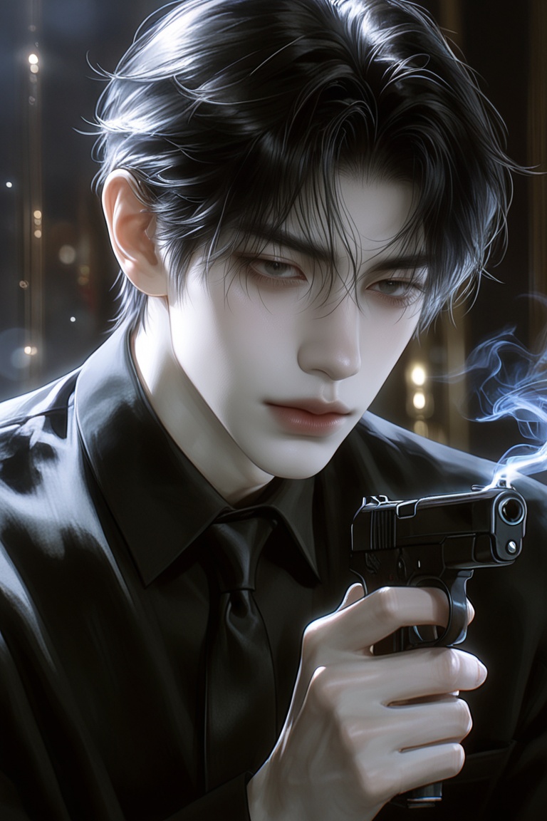 1male,  solo,  A young man with pale skin and tousled black hair sits in a dark by Aily on Tensor.Art