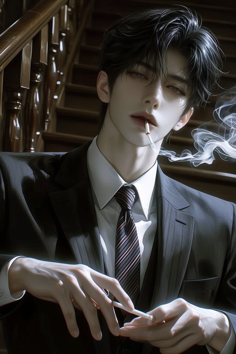 1male,  solo,  A digital illustration features a young man with pale skin and dark by Aily on Tensor.Art