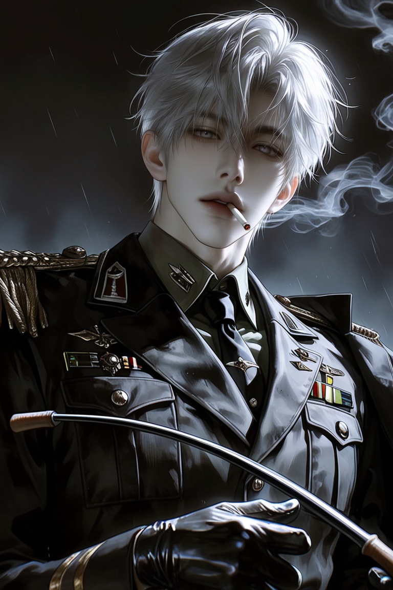 1male,  solo,  A young man with disheveled silver hair and pale eyes sits in a dark by Aily on Tensor.Art