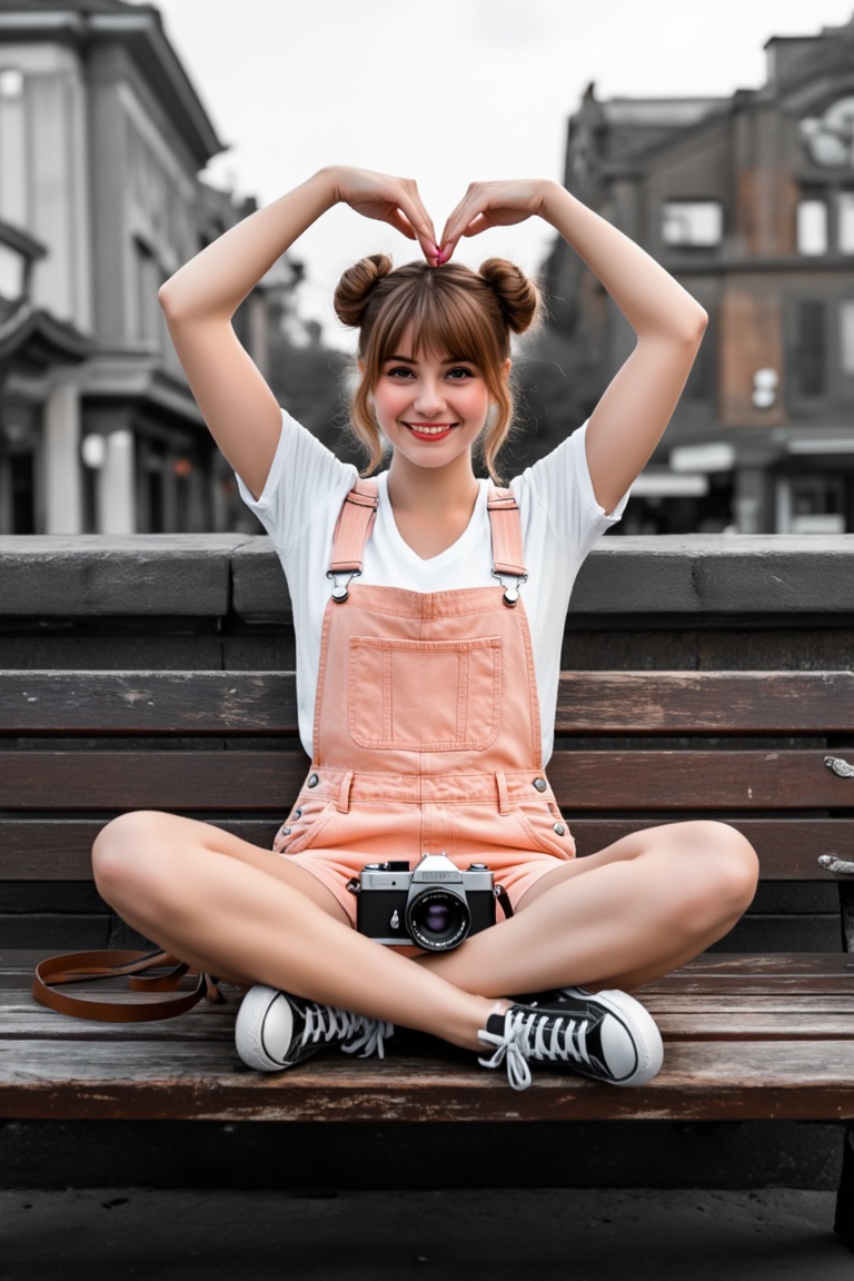 A young woman with light brown hair styled in two small side buns and wispy bangs sits cross-legged on a weathered dark wo...