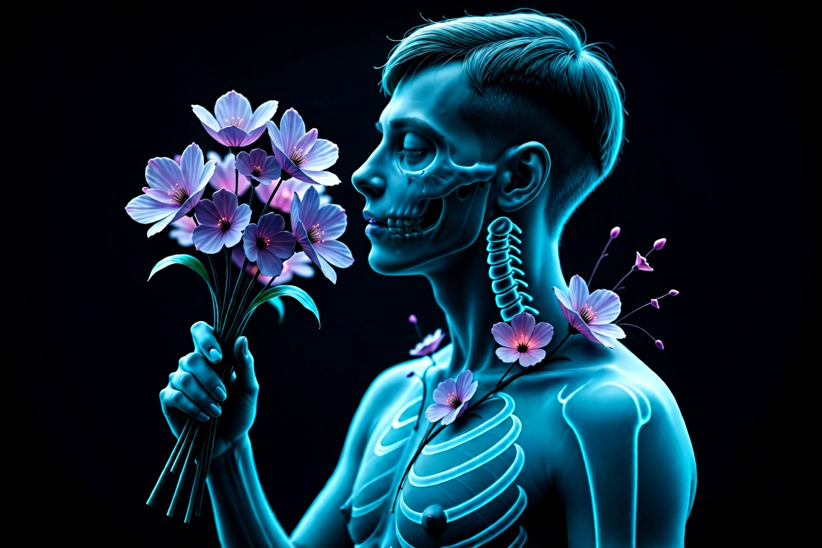 Profile view,  medium shot captures a surreal,  artistic fusion of human anatomy and botany. A male figure with short hair...
