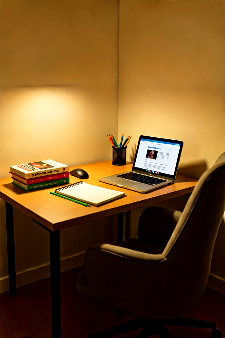 Create a study environment that is quiet,  well-lit,  and free from distractions. Use a minimalist desk setup with just wh...