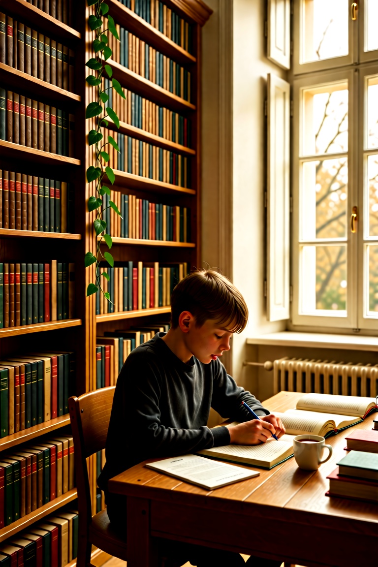 Create a study scene where a young student is sitting at a wooden desk in a cozy library. The room is filled with tall boo...