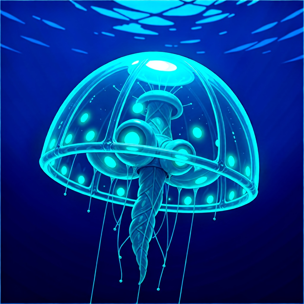 A yfg-bgy jellyfish-like entity with a translucent dome and glowing turquoise lights floats in deep blue water.. on Tensor...