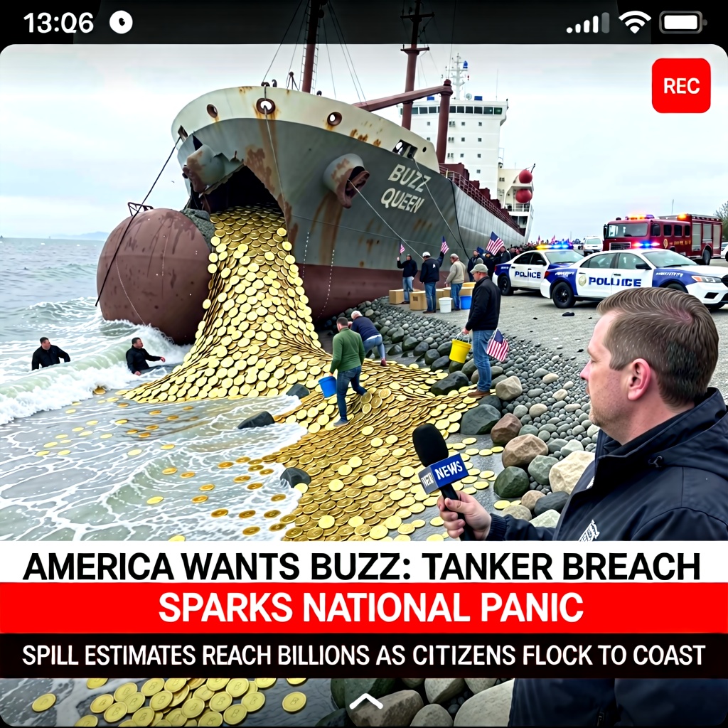 A candid,  daylight iPhone picture showing an oil tanker running aground,  with hundreds of bright gold buzz coins spillin...
