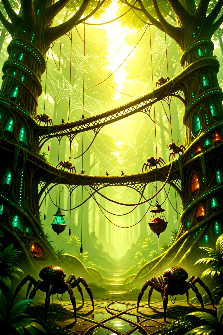 Cinematic sci fi fantasy concept art on a tropical forest planet ruled by intelligent spiders,  a vast canopy metropolis s...