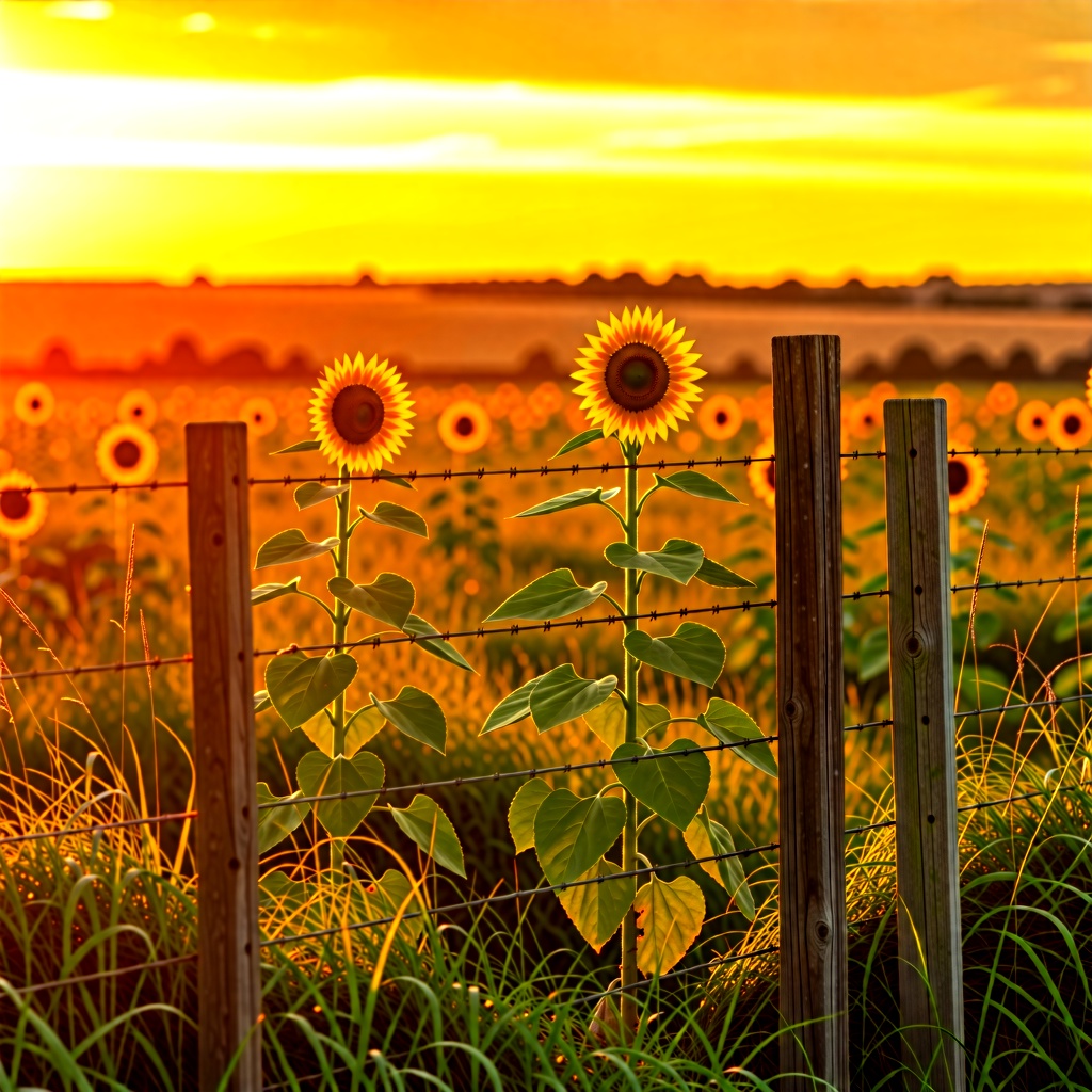 Golden sunset hues. A sunflower in a field. Rustic farm fence. Weathered fence posts. on Tensor.Art