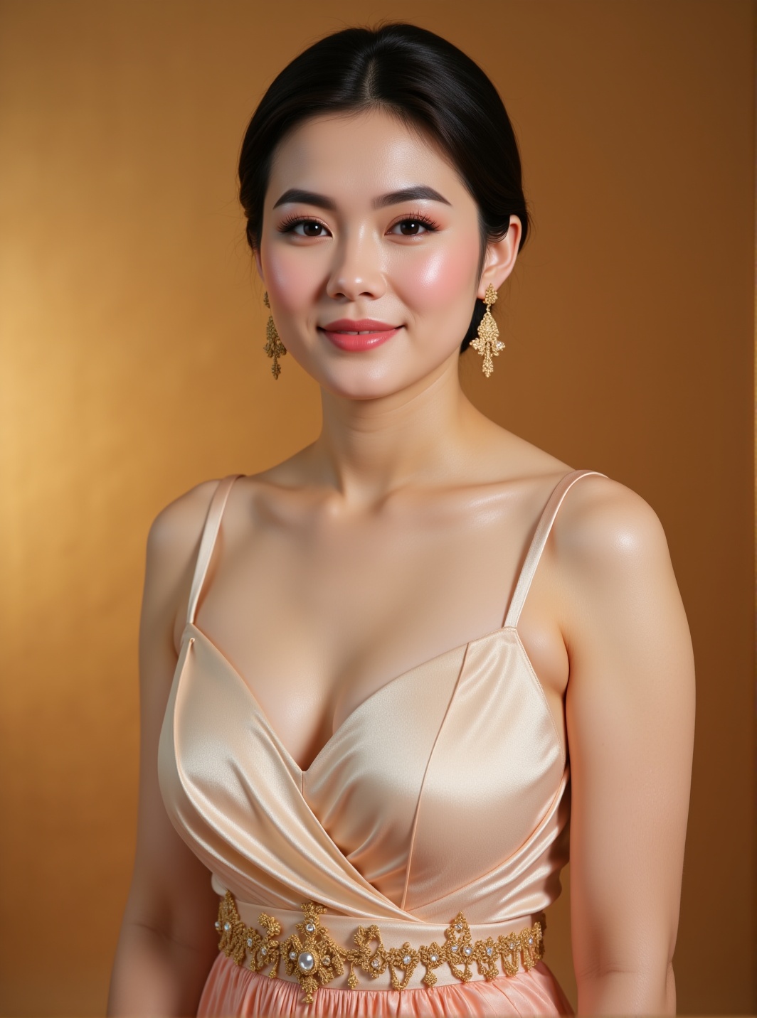 Create a studio portrait of a Royal Silk Muse with a clean background,  illuminated by softbox lighting to enhance her ele...