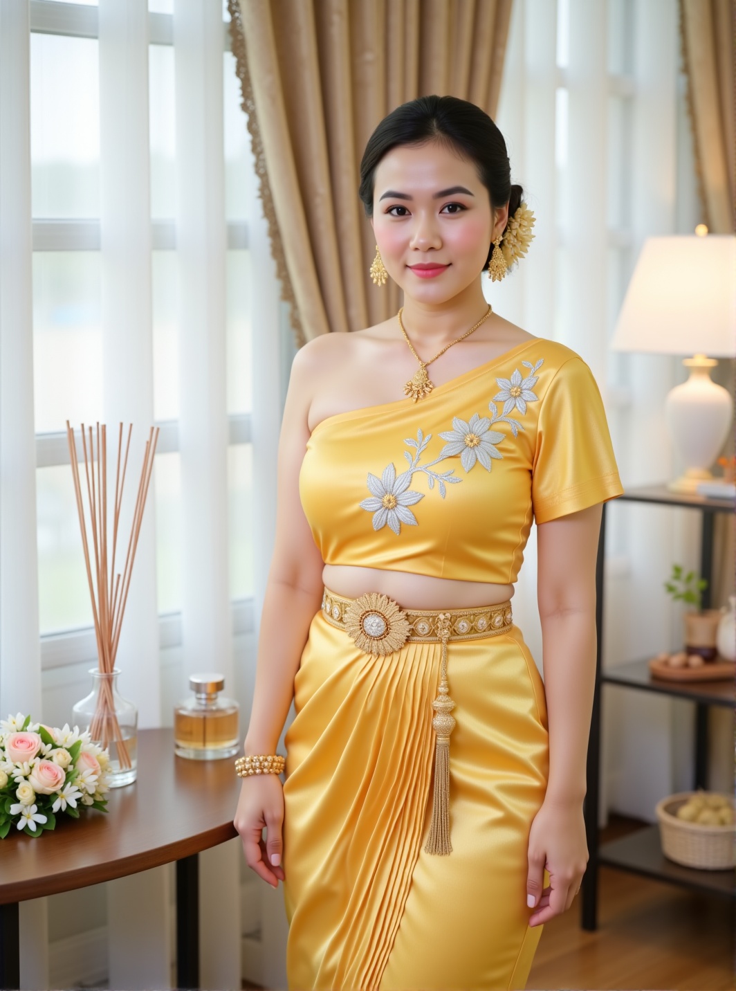Photograph of an Asian woman standing indoors,  wearing a traditional Thai outfit. She has a medium skin tone,  black hair...