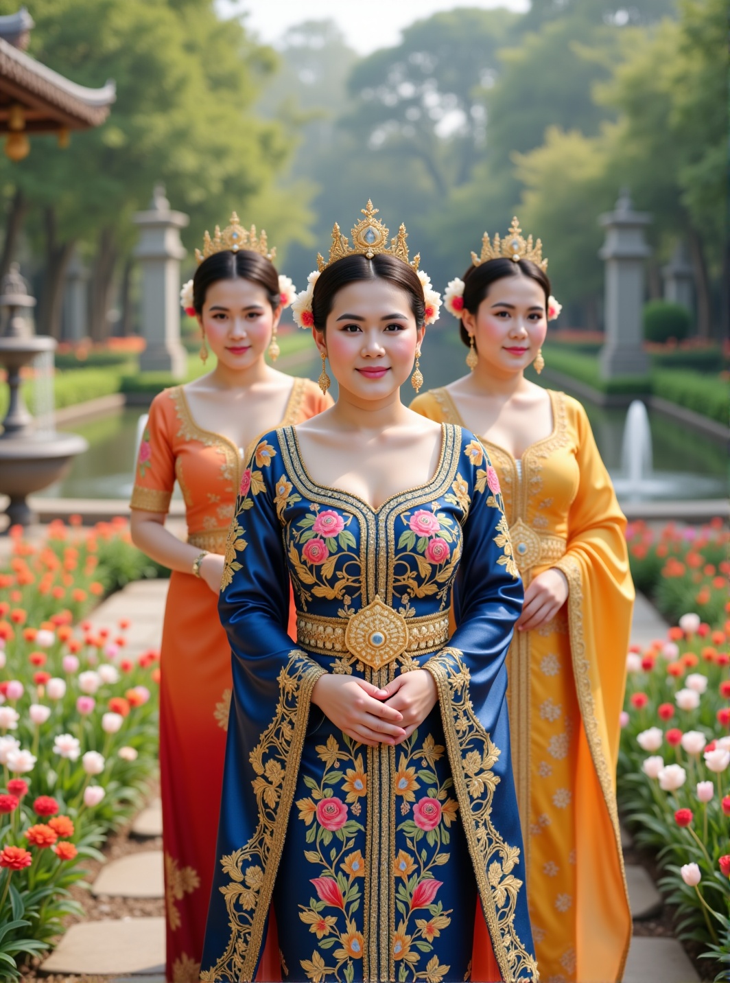Create a scene featuring beautiful royal Thai women adorned in traditional attire,  standing gracefully amidst a lush,  vi...