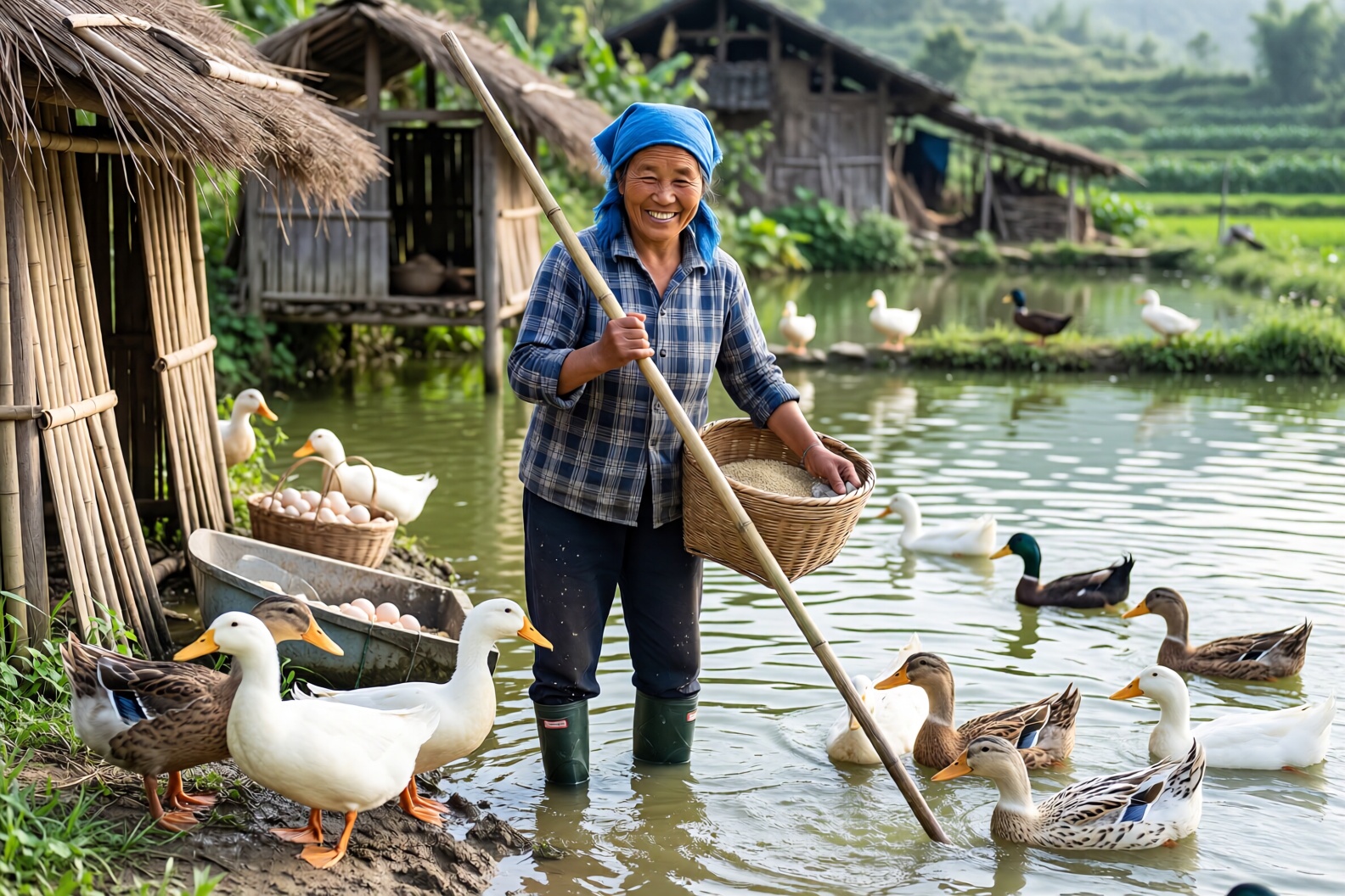 An authentic documentary-style photograph of a weathered rural Chinese woman in her 50s or 60s with sun-tanned skin showin...