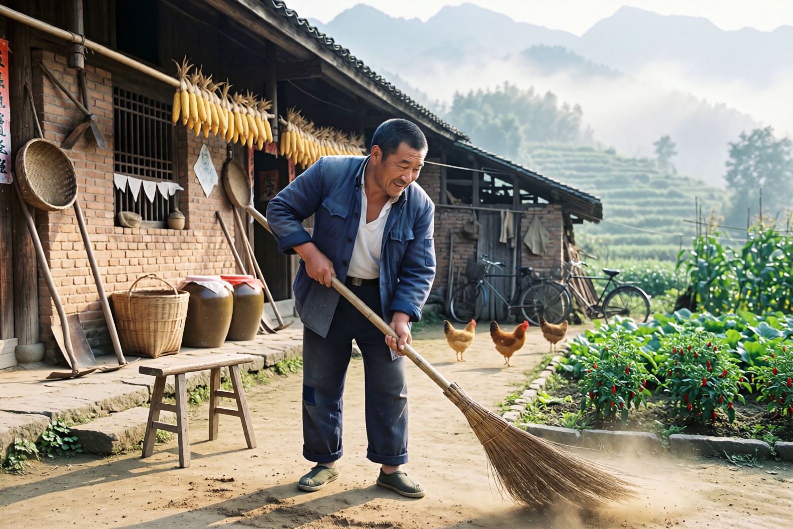 A nostalgic 1980s documentary photograph of Uncle Chen,  a sturdy rural Sichuanese man in his early 40s with weathered sun...