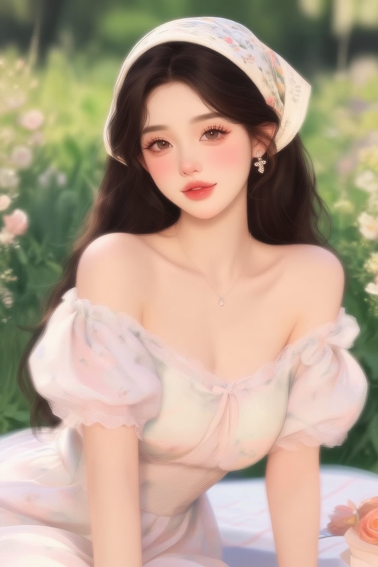 beautiful ***** gorgeous woman,  soft makeup,  wearing a cute pastel off shoulder floral dress on Tensor.Art