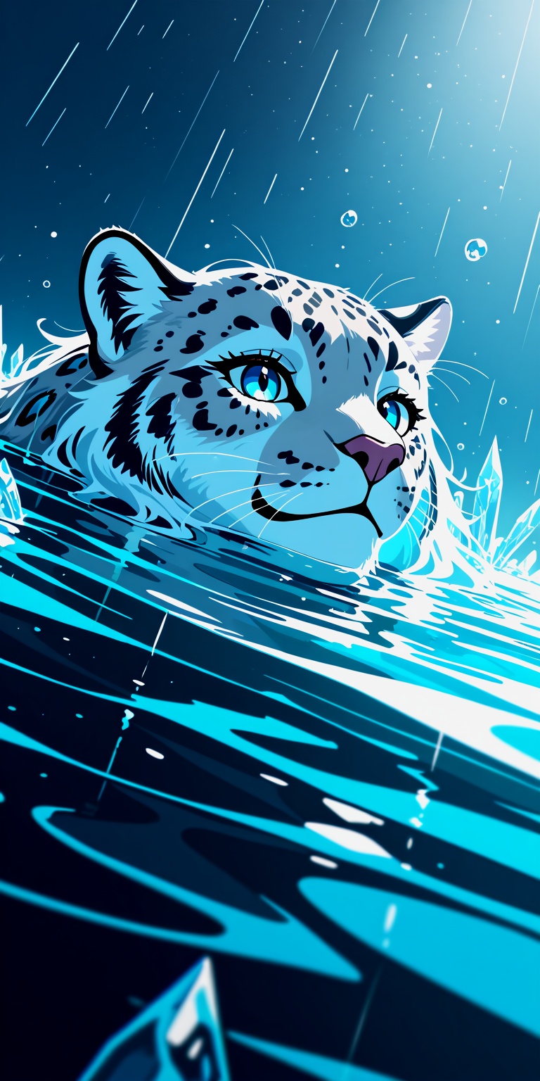 1snowleopard,  icy blue eyes,  partially submerged on Tensor.Art