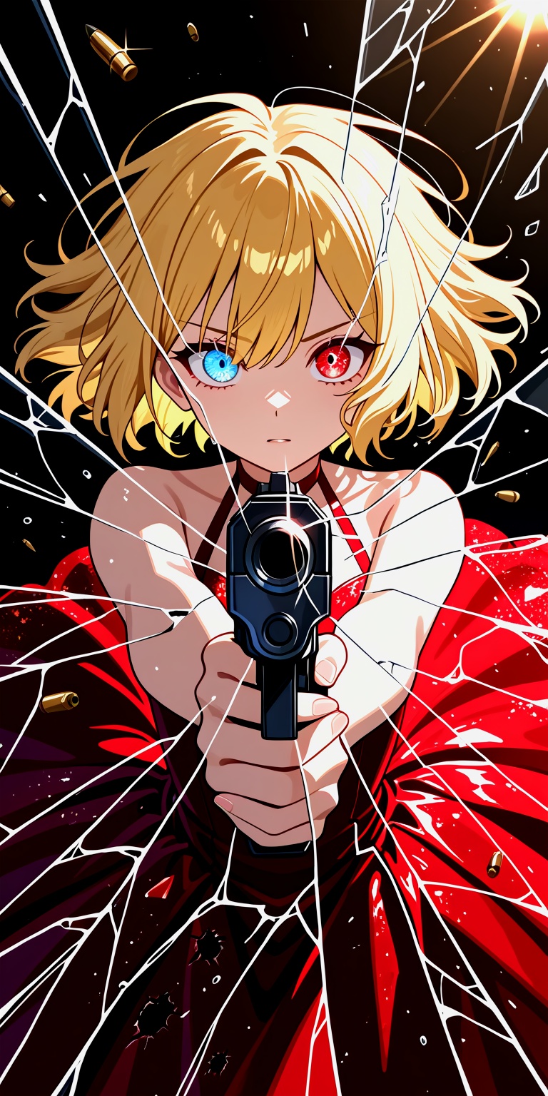 1girl,  anime girl pointing handgun,  directly at viewer through shattered glass on Tensor.Art