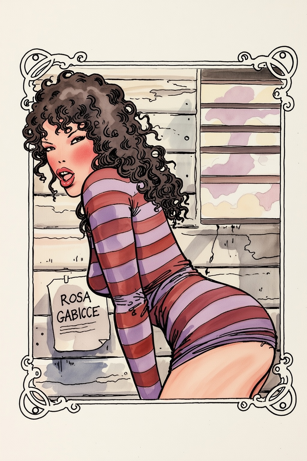 milomanara18q25 illustration. Woman with voluminous dark curly hair is turning her head to look at the viewer from the cor...