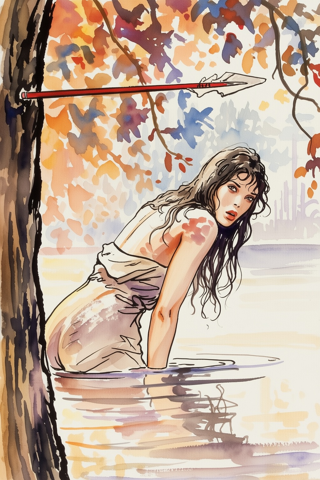 sydmead10q25 painting. Woman with long,  messy dark hair and is leaning forward,  her body partially submerged in water. S...