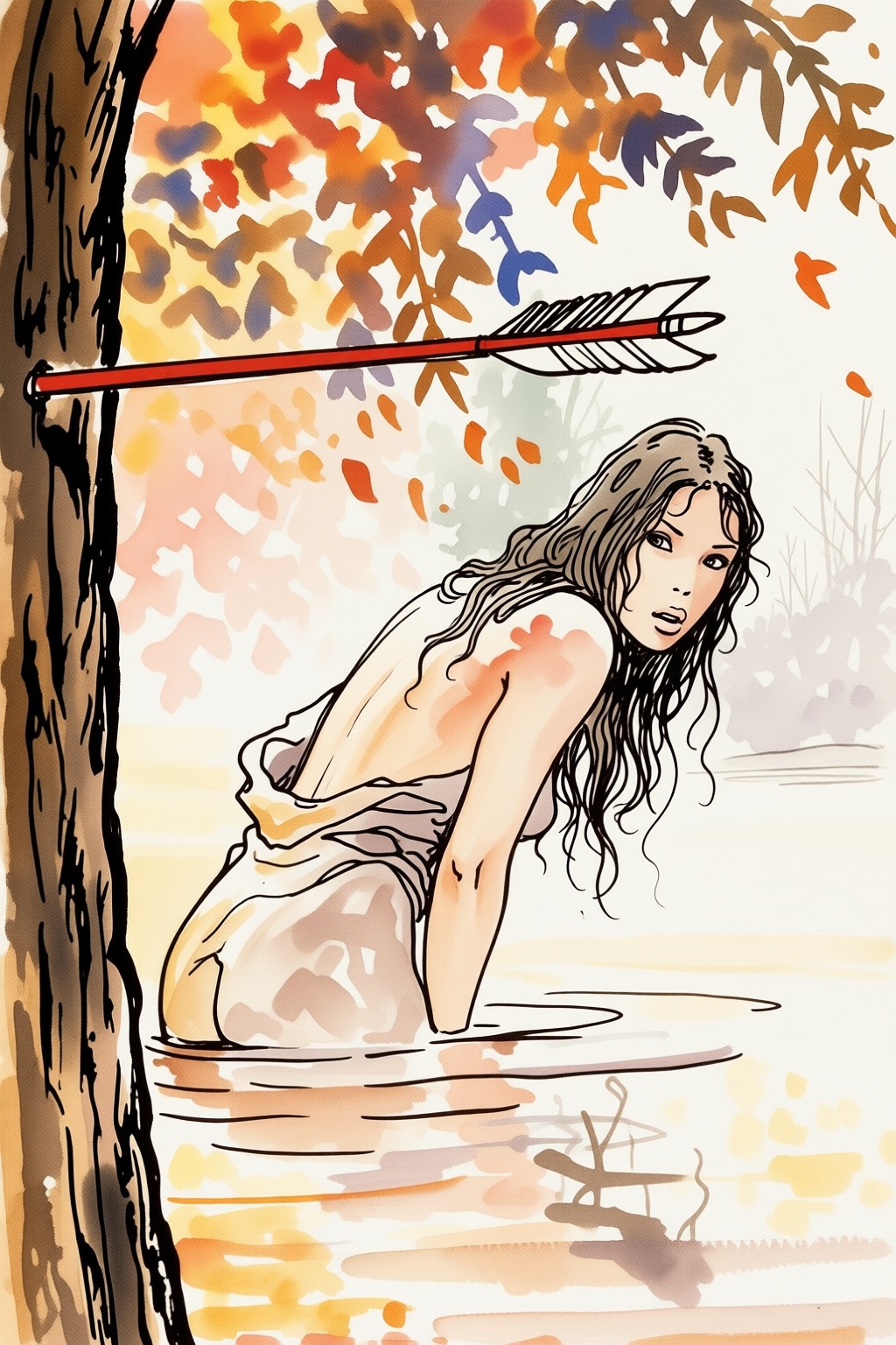 milomanara18q25 illustration. Woman with long,  messy dark hair and is leaning forward,  her body partially submerged in w...