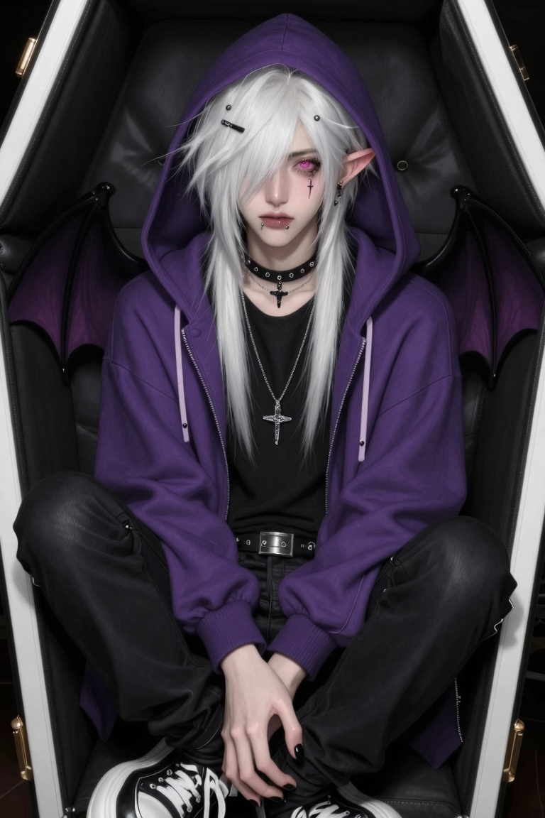 a half-body image of a 1boy with bat wings,  black nails,  ear piercing on Tensor.Art