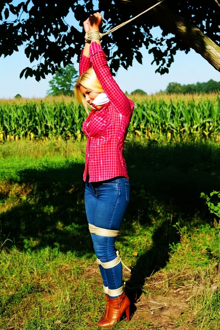 Set outdoors in a bright,  grassy field with a cornfield in the background,  a beautiful 21yo blonde woman stands in a pro...