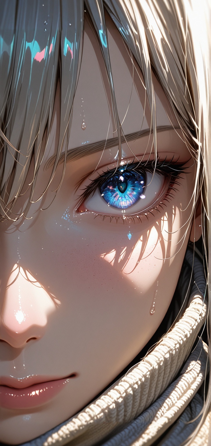 Eye of the Wasteland "An ultra close-up,  cinematic macro portrait focusing directly on the piercing blue-grey eye of a my...