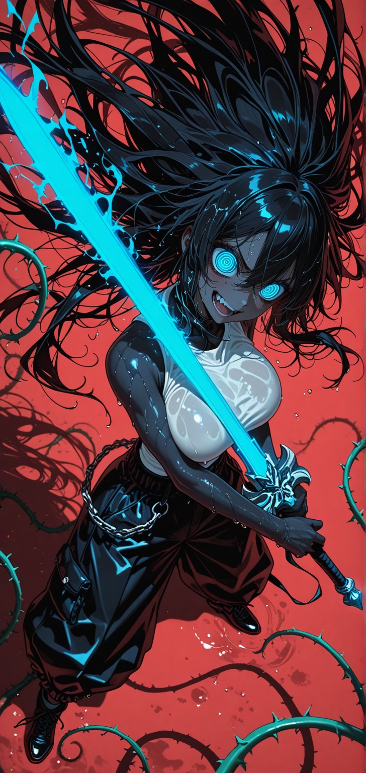 female anime character in black balloon trousers,  white top,  holding a gigantic sword on Tensor.Art