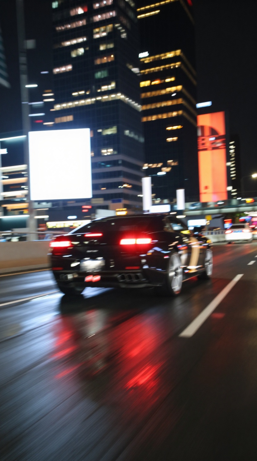 taken_by_ph0ne,  A sleek black sports car with distinctive horizontal rear grilles and bright rectangular taillights speed...