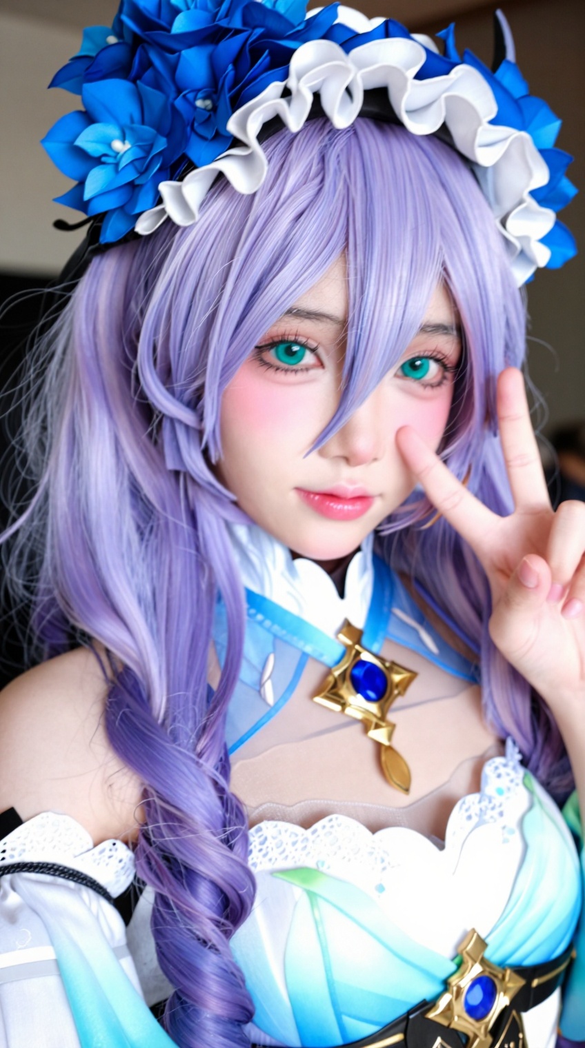 A beautiful young Asian cosplayer dressed as Sangonomiya Kokomi from Genshin Impact,  highly detailed and accurate cosplay...