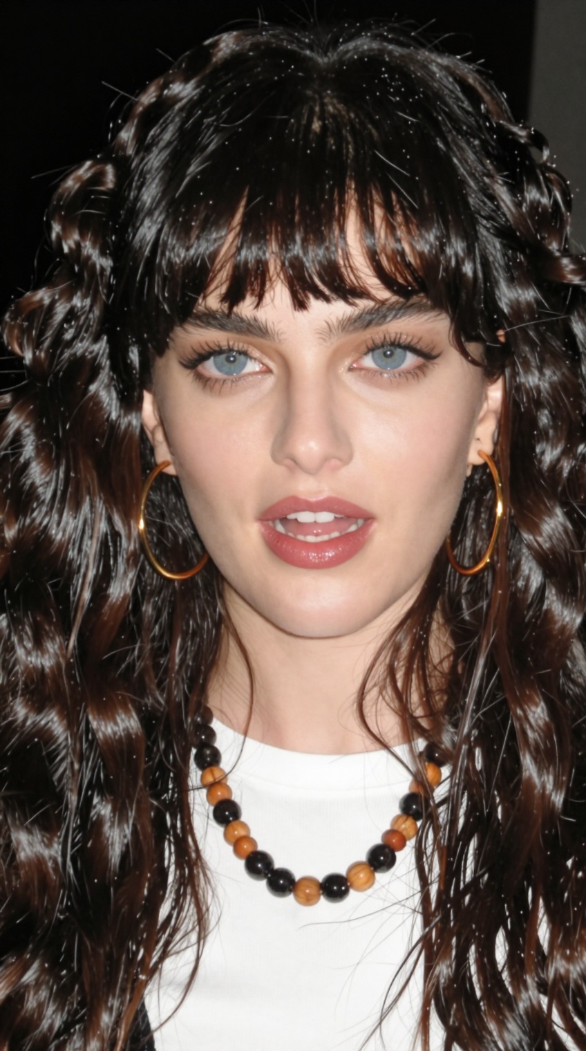 taken_by_ph0ne,  a woman with long,  wavy dark brown hair styled with soft bangs and voluminous curls framing her face is...