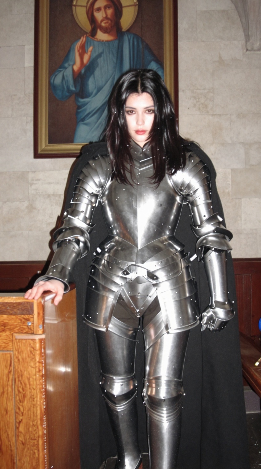 taken_by_ph0ne,  A raw and atmospheric photo of a woman with long dark hair wearing a full suit of gleaming silver plate a...