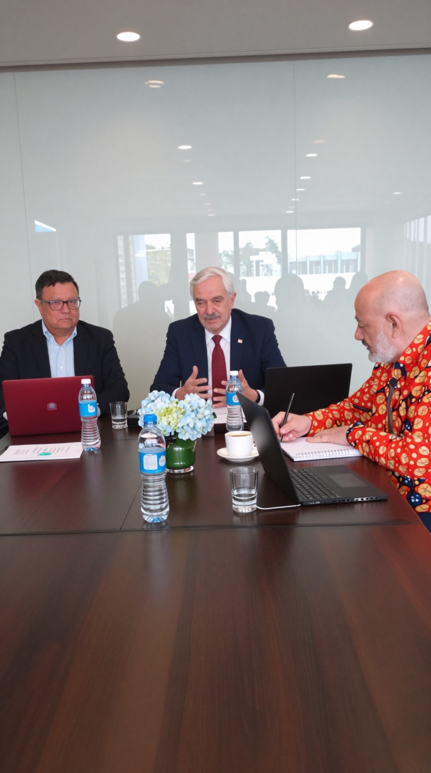 taken_by_ph0ne,  Three European elderly men sit at a long dark wooden table in a modern conference room with a pale glass...