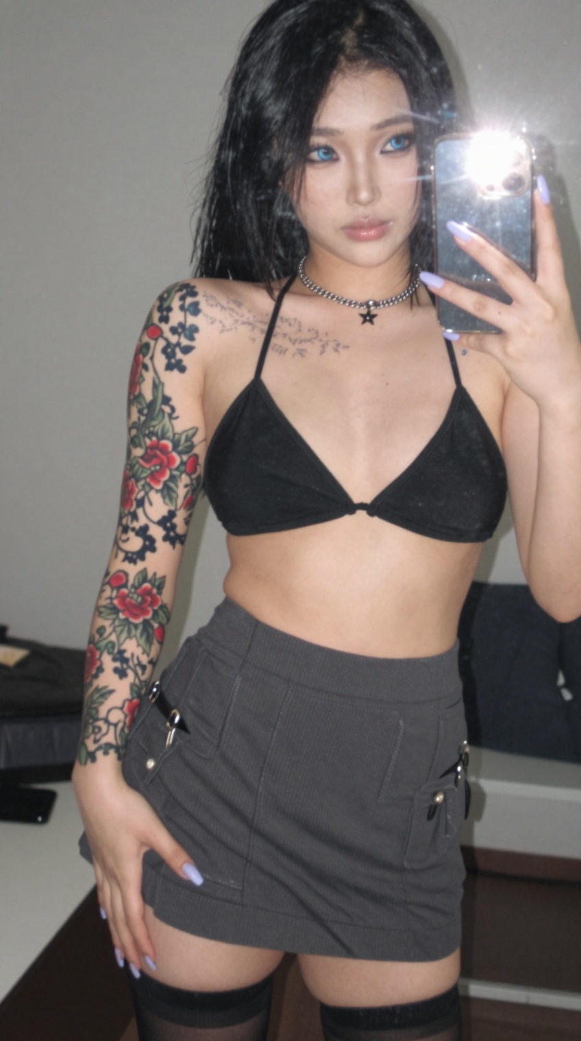 taken_by_ph0ne,  a mirror selfie photo of a young east asian woman with long,  straight black hair and striking blue eyes....