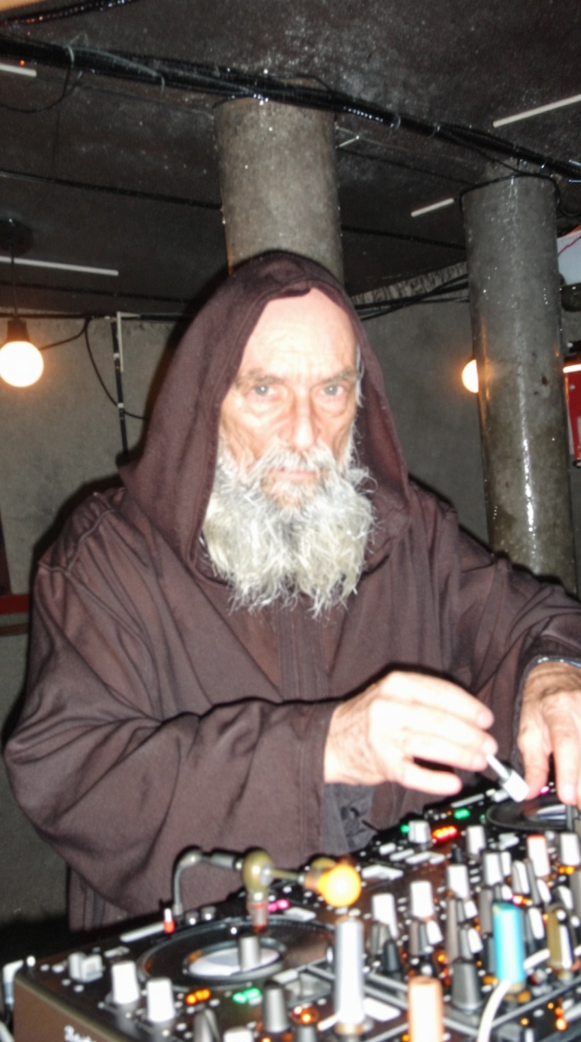 taken_by_ph0ne,  shaky mobile phone capture,  wide angle. A mysterious elderly European man in a hooded robe operating a s...