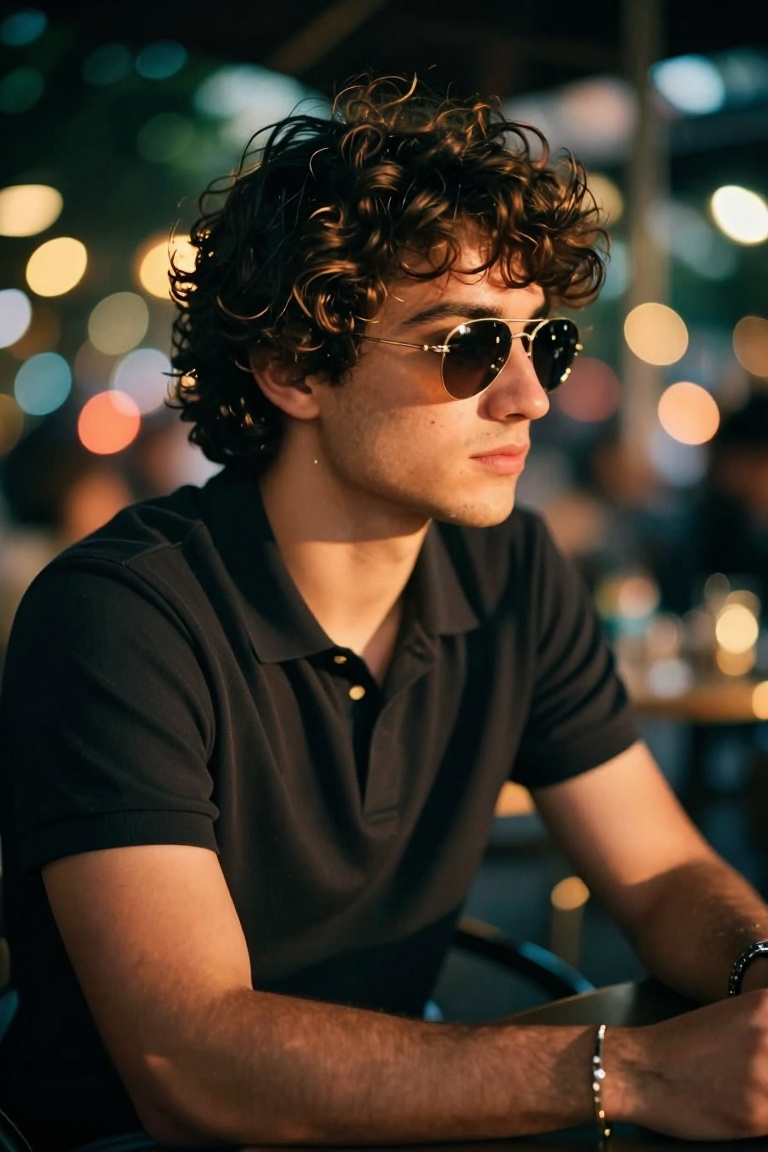 medium close-up side profile portrait,  young man early 20s with thick dark curly hair and gold-rimmed aviator sunglasses...