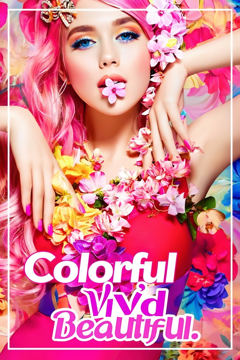 Top quality. Inspiration: Cover design. Image: A long-haired girl gazes at the camera,  blue eyes,  wearing a hair accesso...