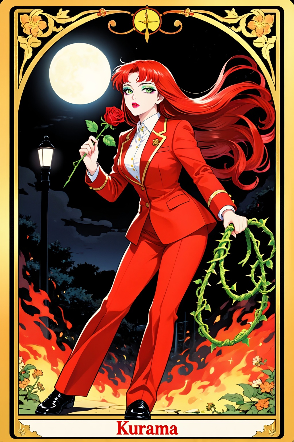 Top quality. Inspiration: Vines,  Yu Yu Hakusho,  Kurama. This Tarot card depicts an elegant and beautiful Japanese high s...