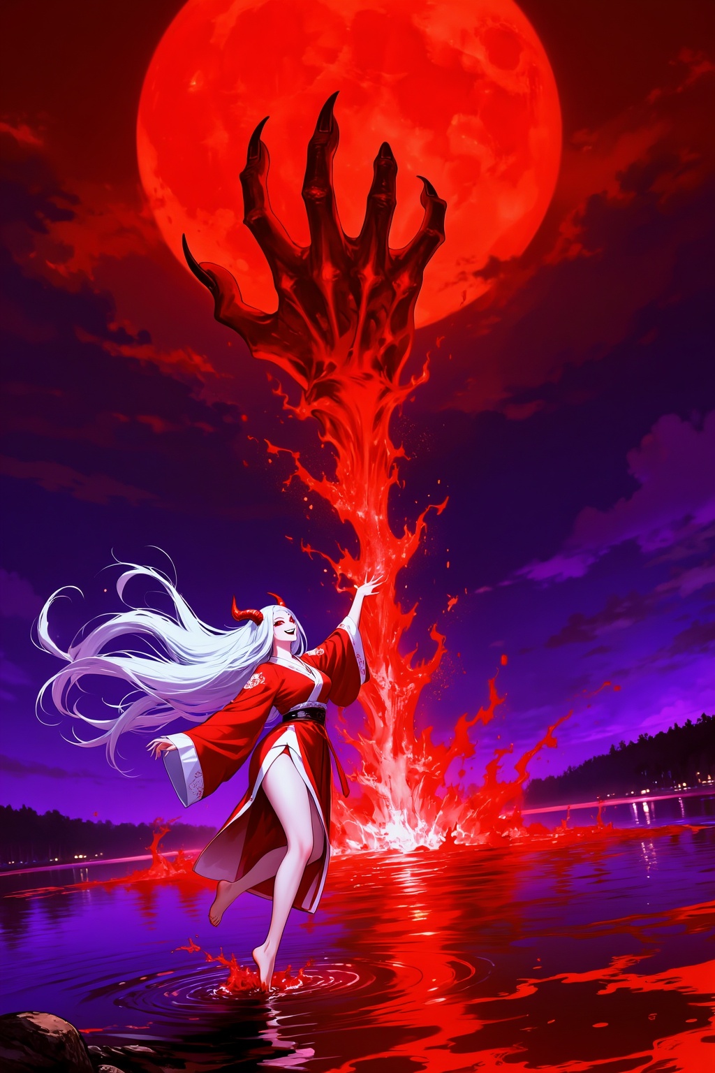 Top quality. Inspiration: Lake,  Blood Moon,  Demonic Hand. Image: Close-up: A blood-red sky on Tensor.Art
