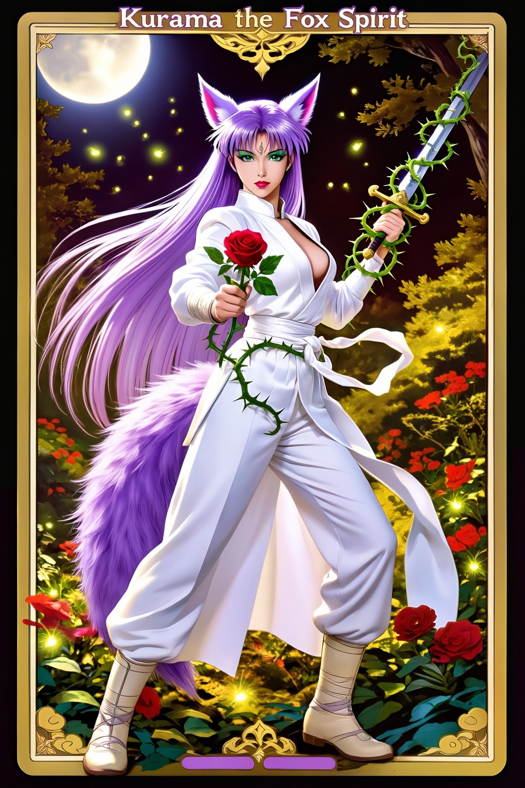 Top quality. Inspiration: Vines,  Yu Yu Hakusho,  Kurama the Fox Spirit. This is a Tarot card depicting a powerful and bea...
