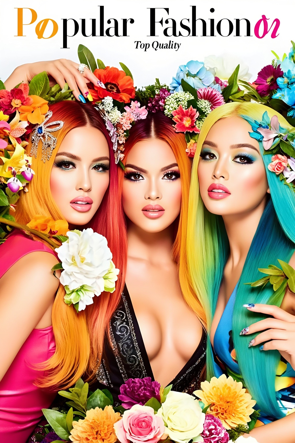 Top quality. Inspiration: Cover design. Cover: Three long-haired girls,  gazing at the camera with deep eyes,  adorned wit...