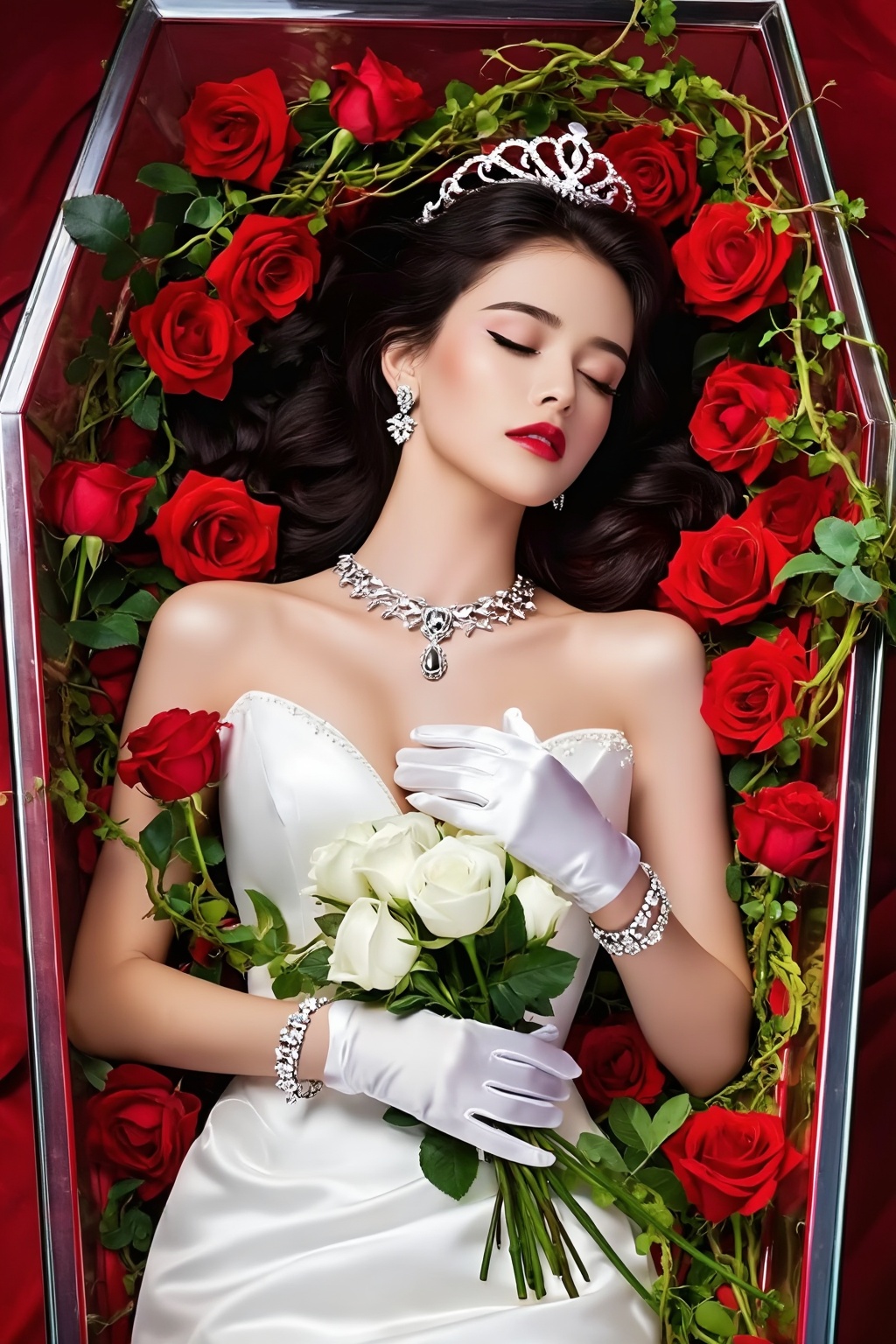 Top quality. Inspiration: Vines,  princesses,  roses. Image: Close-up: A princess lies serenely in a transparent glass cof...