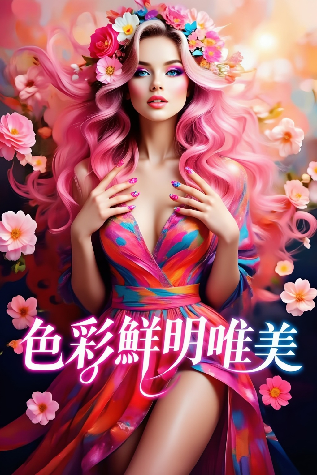 Top quality. Inspiration: Cover design. Image: A lone girl with flowing long hair,  looking at the camera,  blue eyes on T...