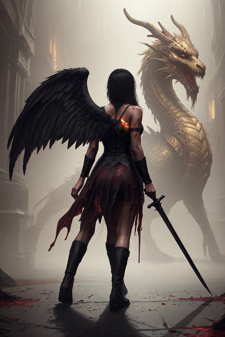 DeniveDarkangel,  woman with one left black wing and sword in hand prepare to atack on golden dragon on Tensor.Art