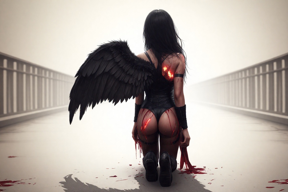 DeniveDarkangel,  view from behind on woman with on left wing kneeling on bridge on Tensor.Art