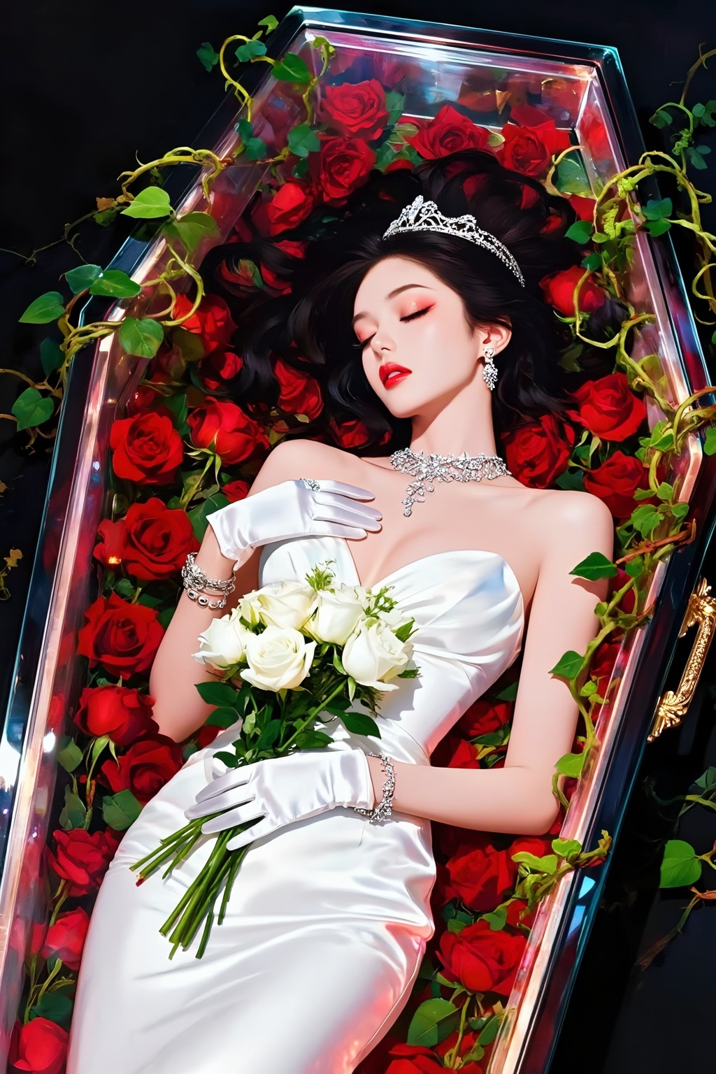Top quality. Inspiration: Vines,  princesses,  roses. Image: Close-up: A princess lies serenely in a transparent glass cof...