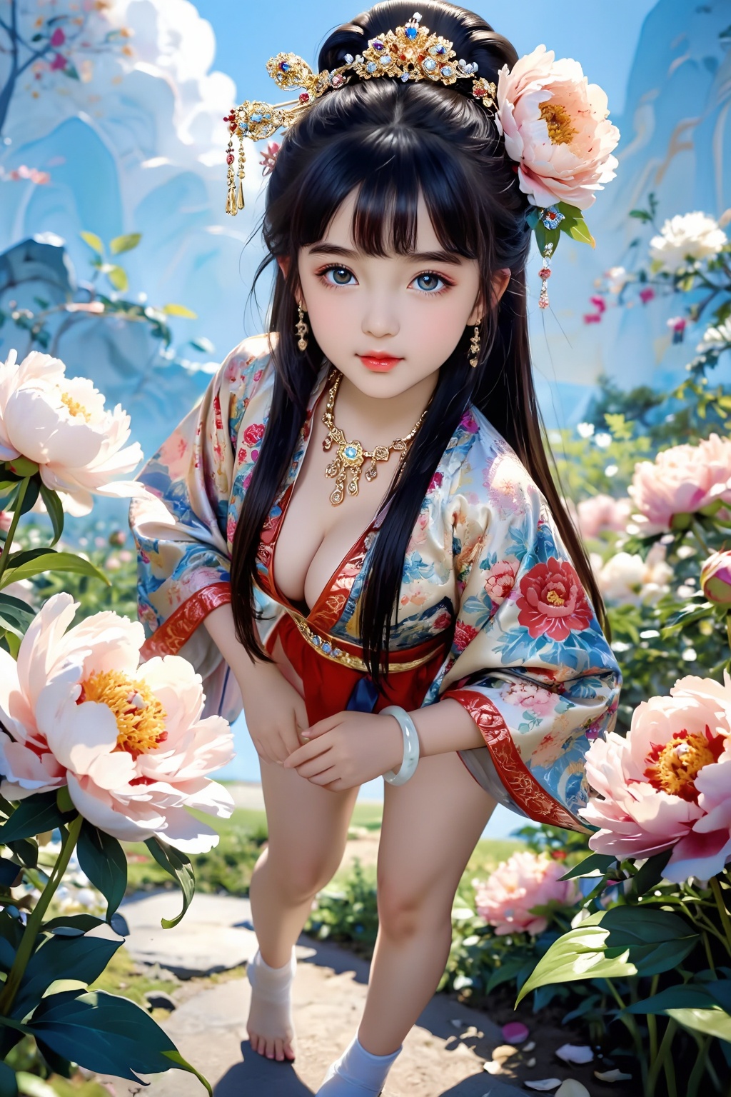A young girl stands alone in a garden of blooming peonies,  her black hair adorned with a gold hairpin studded with numero...