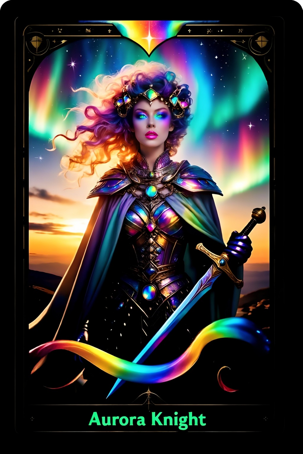 A tarot card depicting a stunningly beautiful woman. The words "Aurora Knight" are printed at the bottom of the card,  wit...